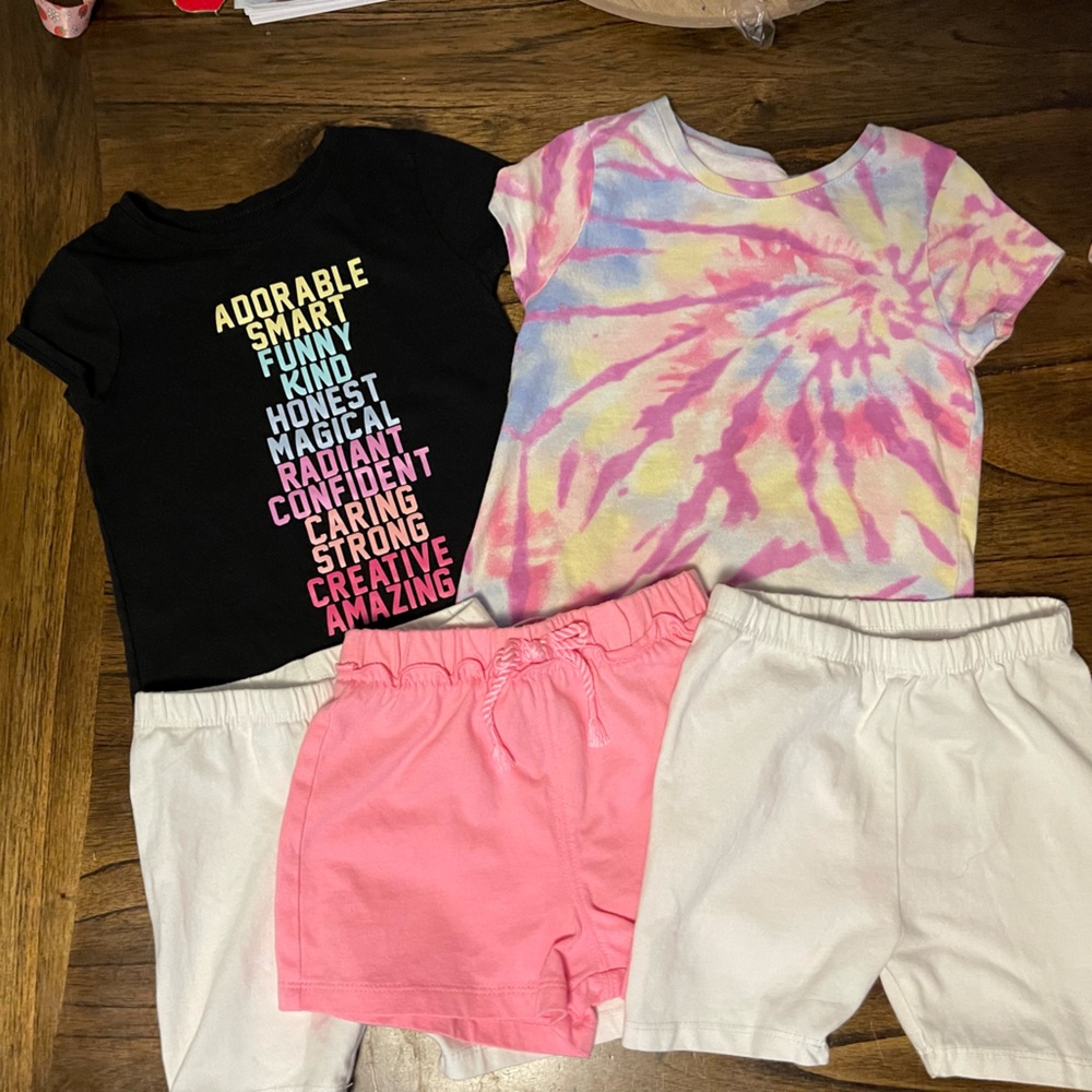 3T toddler girl bundle of mixed clothes. Two tops three shorts.